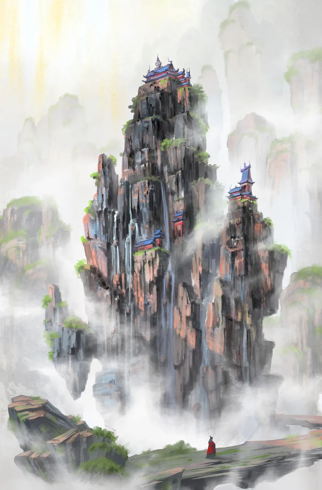 圖為具有中國審美意蘊(yùn)的科幻插圖,①③為著名科幻插畫師趙恩哲所繪制的《紅岸基地日落》《云嵐山》;②為青年科幻插畫師繪制的《三日凌空》