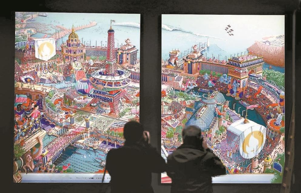巴黎奧運會主視覺海報由藝術家烏戈·加托尼耗時2000小時手繪完成,繪有巴黎地標、47個運動項目和數以萬計的人物,被譽為法國的“塞納上河圖”(本版圖片均由作者提供)